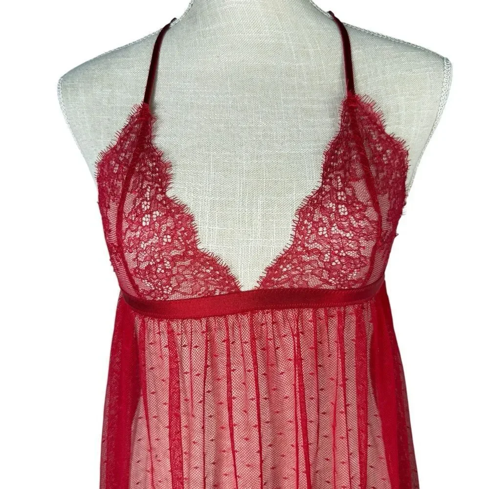 Victoria's Secret Red All Over Lace Mesh Babydoll Chemise Lingerie Dress